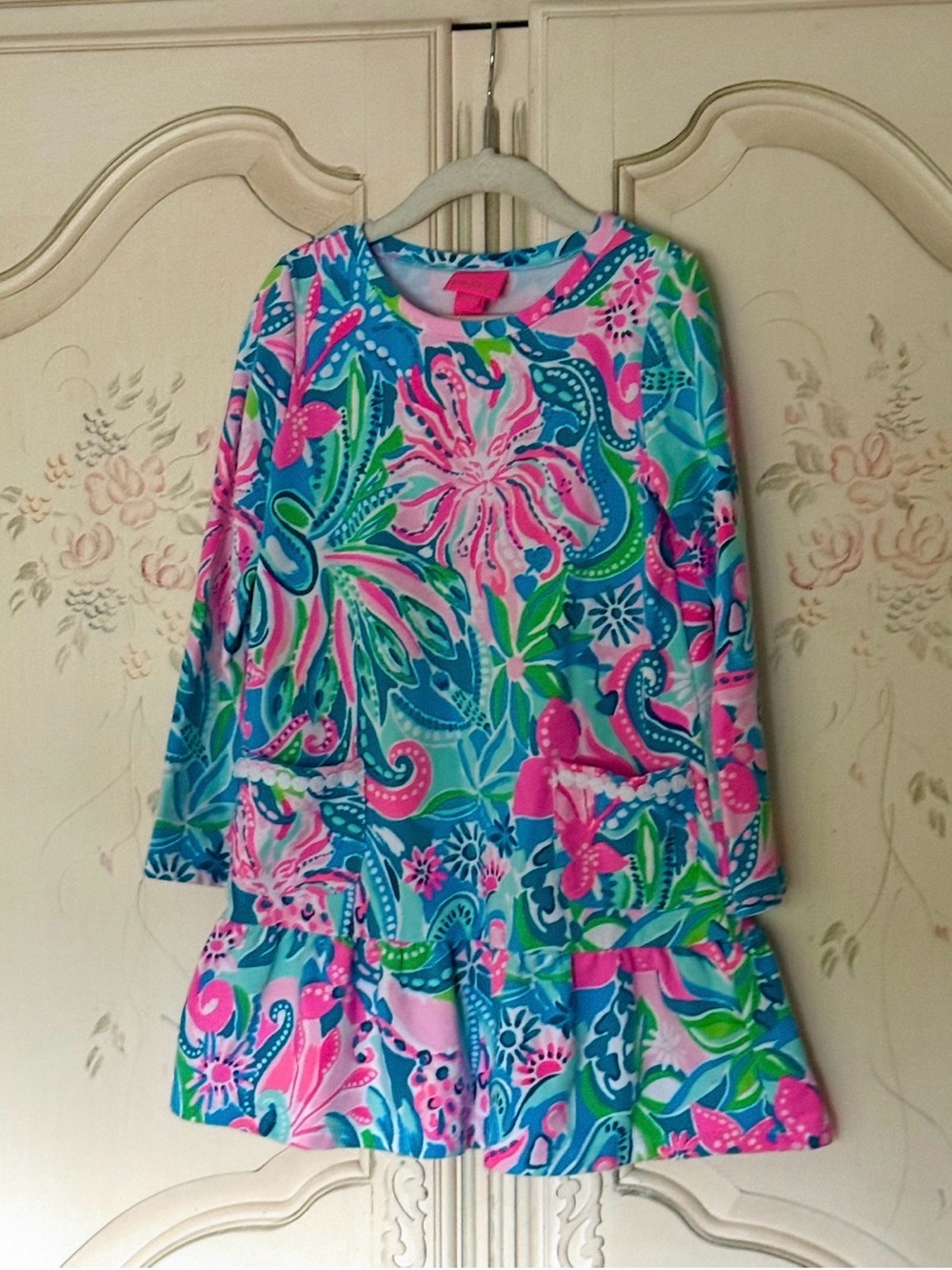 Lilly Pulitzer M(6-7) Vira Floral Print Dress w/Flounce Hem & Lace-Trim Pockets